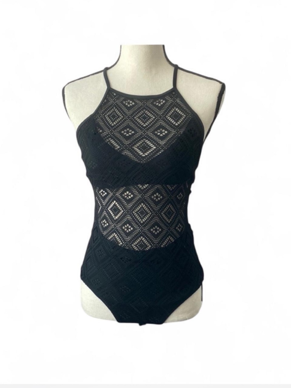 Aerie black one-piece swimsuit with diamond-shaped crochet cutouts